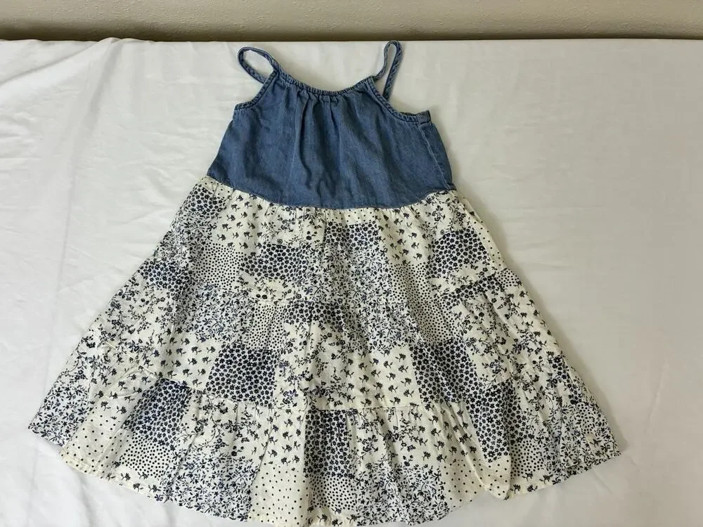Oshkosh B’Gosh Denim Size 5/5A BlueWhite Quilted Floral Maxi Dress Linen Tiered